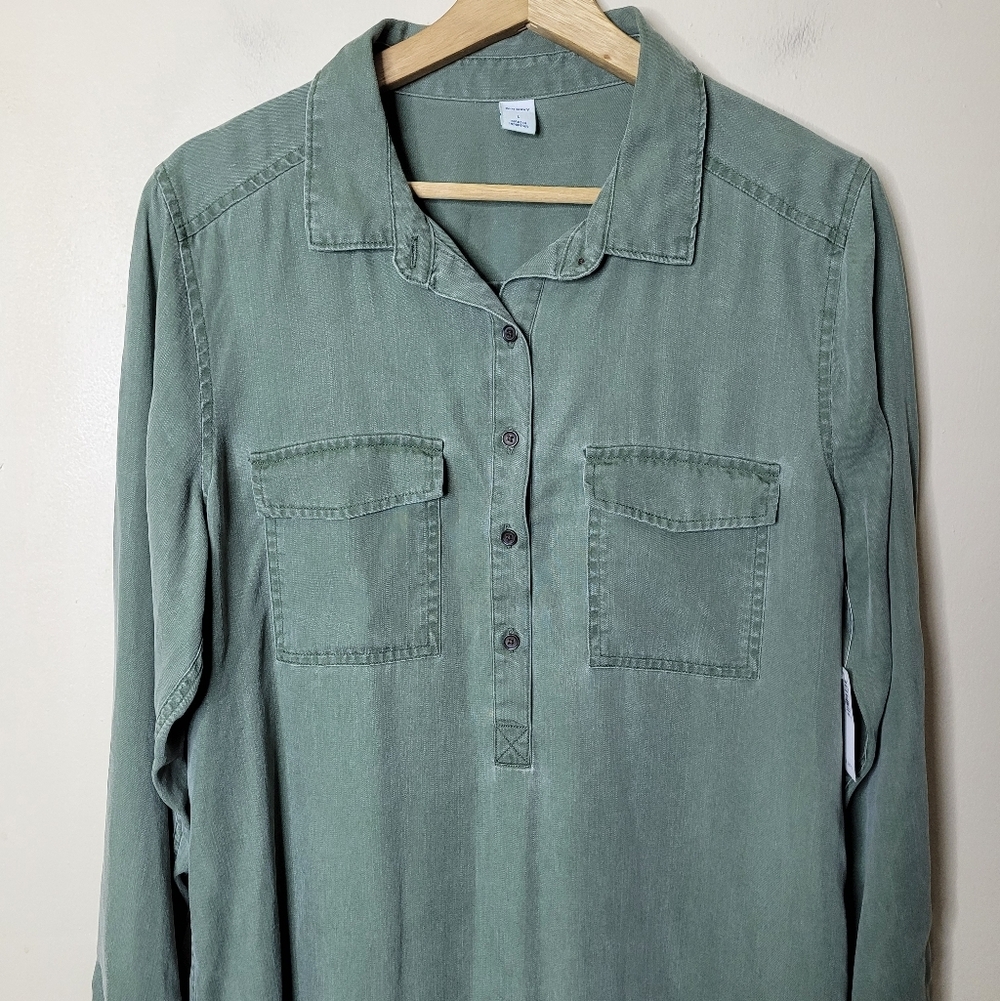 Old Navy Faded Twill Long Sleeve Shirt Dress In Matcha Green Size L NWT - Picture 3 of 9